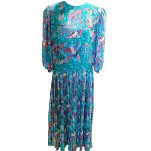 Vintage Teal Drop Waist Pleated Midi Dress Size Small/Medium